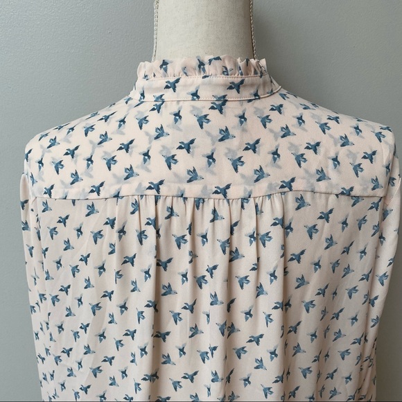 LOFT Bird Print Button Front Ruffle Neck Blouse Light Pink Blue - Picture 9 of 12